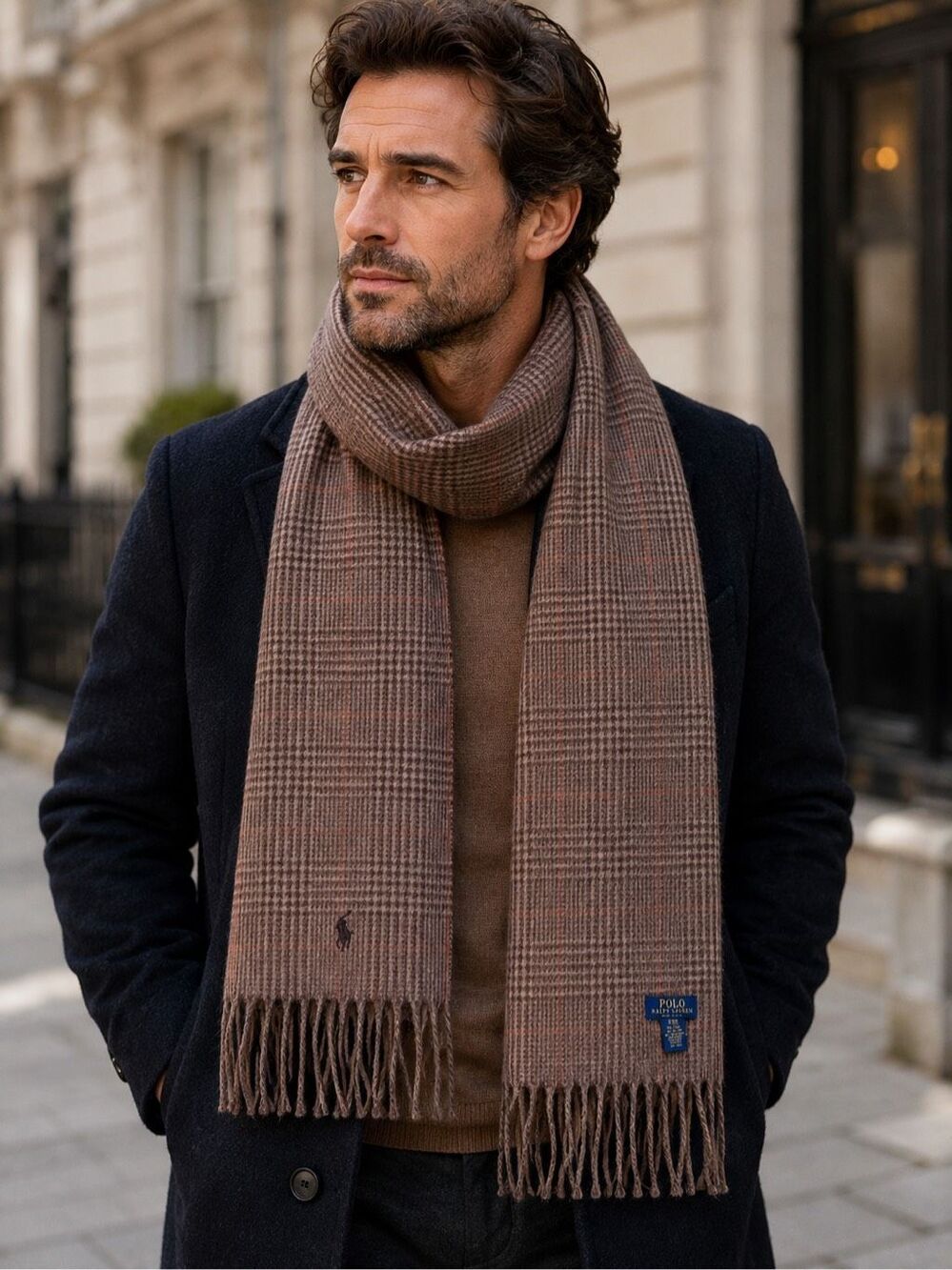 Polo Ralph Lauren Plaid Scarf Brown Made in Italy Wool Blend